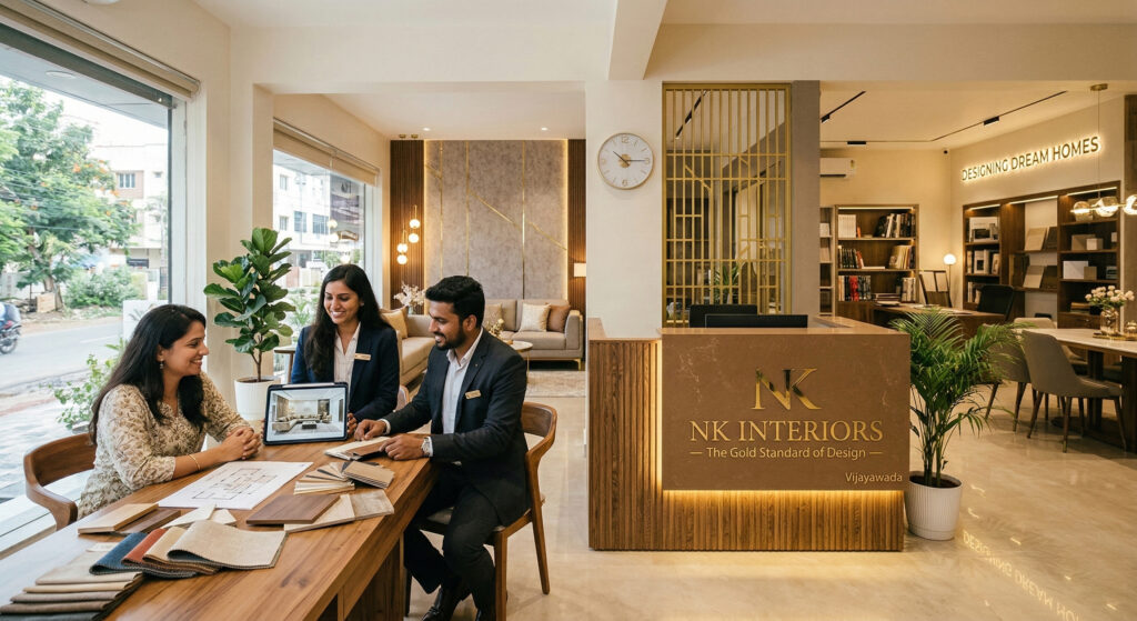 NK Interiors office in Vijayawada showing expert designers discussing home interior plans with a client in a luxury showroom.